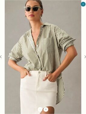 Maeve White and Green Striped Button-Down Shirt